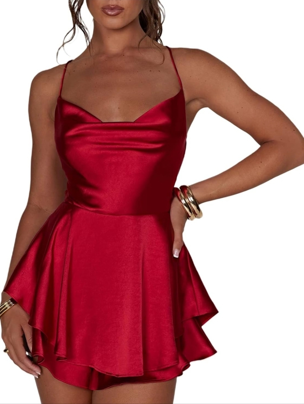 Satin Spaghetti Strap Romper Dress Sleeveless Backless Mini Party Jumpsuit Red S